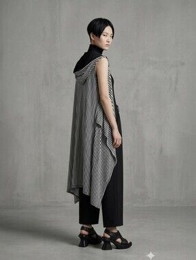 Violette-Mode Striped Long Open Vest with Hood - One Size (OS)